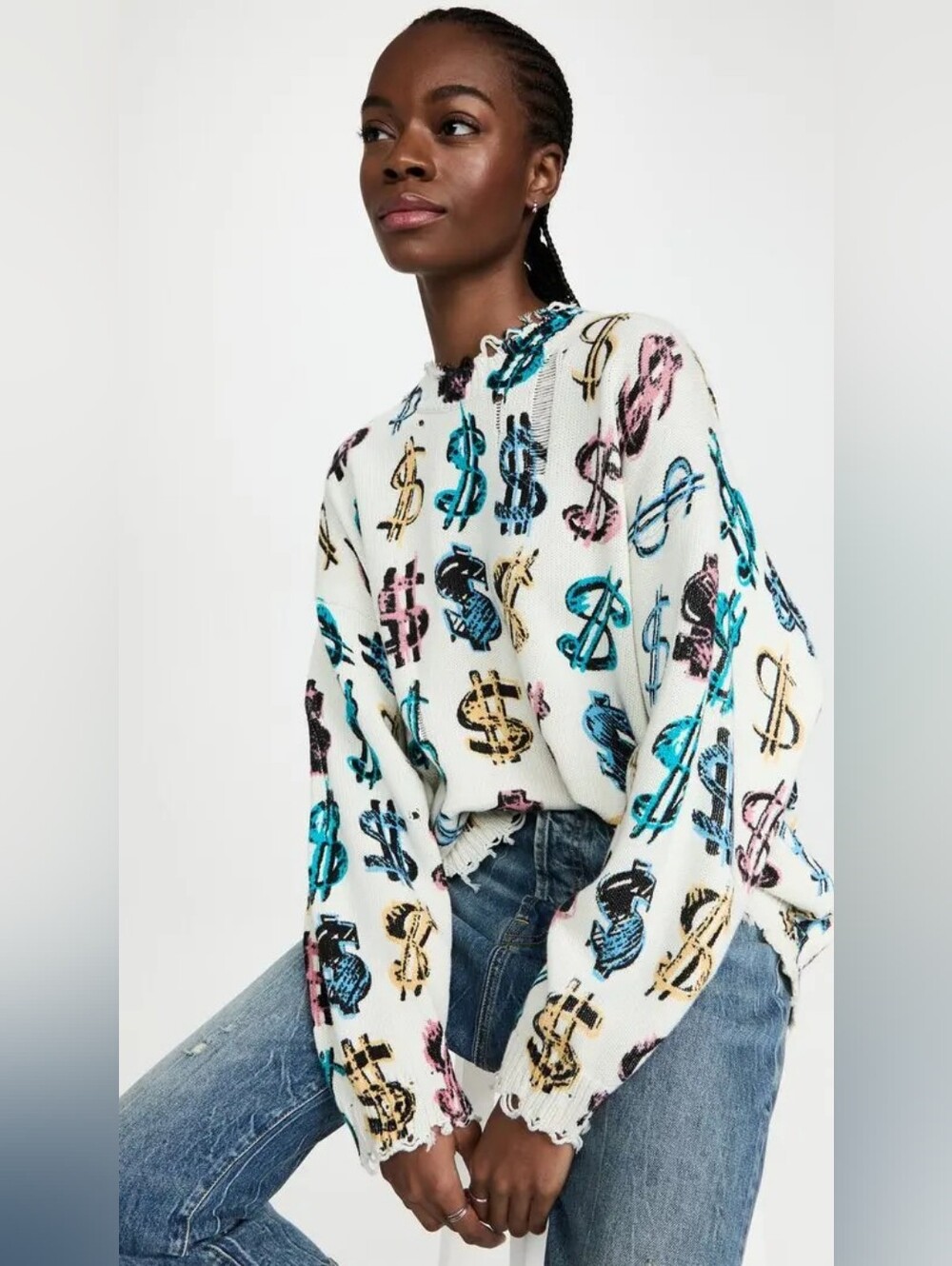 R13 Dollar Sign Oversized Distressed Cotton Sweater Off-White Size S Org $495